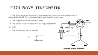 Du Novy tensiometer
 The liquid whose surface tension is measured put into container. A platinum ring s
suspended in liquid. The ring is attached to scale through torsion wire.
 The ring just touch the surface of liquid.
 The force is required to detached the ring is noted from
the scale.
 The detachment force is given by;
γ = P
2𝝅 ( r1 + r2)
 