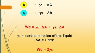 Wс = 𝜸🇱 . ΔА + 𝜸🇱 . ΔА
𝜸🇱 = surface tension of the liquid
ΔА = 1 cm²
Wс = 2𝜸🇱
A
A
𝜸🇱 . ΔА
𝜸🇱 . ΔА
 