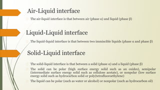 Air-Liquid interface
� The air-liquid interface is that between air (phase α) and liquid (phase β)
� The liquid-liquid interface is that between two immiscible liquids (phase α and phase β)
� The solid-liquid interface is that between a solid (phase α) and a liquid (phase β)
� The solid can be polar (high surface energy solid such as an oxides), semipolar
(intermediate surface energy solid such as cellulose acetate), or nonpolar (low surface
energy solid such as hydrocarbon solid or poly(tetrafluoroethylene)
� The liquid can be polar (such as water or alcohol) or nonpolar (such as hydrocarbon oil)
Liquid-Liquid interface
Solid-Liquid interface
 