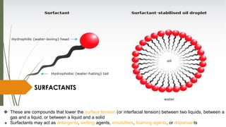 ❖ These are compounds that lower the surface tension (or interfacial tension) between two liquids, between a
gas and a liquid, or between a liquid and a solid
❖ Surfactants may act as detergents, wetting agents, emulsifiers, foaming agents, or dispersants
SURFACTANTS
 