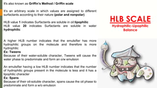 HLB SCALE
Hydrophilic-Lipophilic
Balance
It's also known as Griffin’s Method / Griffin scale
It’s an arbitrary scale in which values are assigned to different
surfactants according to their nature (polar and nonpolar)
HLB value 1 indicates Surfactants are soluble in oil lipophilic
HLB value 20 indicates Surfactants are soluble in water
hydrophilic
A higher HLB number indicates that the emulsifier has more
hydrophilic groups on the molecule and therefore is more
hydrophilic
Ex: Tweens
Because of their water-soluble character, Tweens will cause the
water phase to predominate and form an o/w emulsion
An emulsifier having a low HLB number indicates that the number
of hydrophilic groups present in the molecule is less and it has a
lipophilic character
Ex: Spans
Because of their oil-soluble character, spans cause the oil phase to
predominate and form a w/o emulsion
 