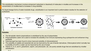 Examples:
● The fat-soluble vitamin phytonadione is solubilized by the use of polysorbates
● Polyoxyethylene castor oil is used to increase the solubility of an immune expressing drug cyclosporine and anticancer drug
paclitaxel
● Cetomacrogol has been found to show improved solubility of chloramphenicol
● The solubility of volatile and essential oils can be improved by the use of lanolin derivatives. Chloroxylenol which normally has
a solubility of 0.03% in water can be improved by the use of soaps
● Vitamin A, D, E, and K, griseofulvin, aspirin, and phenacetin, etc. are poorly soluble drugs that are solubilized by micellar
solubilization
The solubilization mechanism involves entrapment (adsorbed or dissolved) of molecules in micelles and Increases in the
concentration of micelles lead to increases in drug solubility
For liquid dosage forms of water-insoluble drugs, solubilization is an important tool in preformulation studies for the selection of
surfactants
 