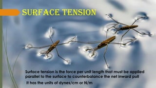 SURFACE TENSION
� Surface tension is the force per unit length that must be applied
parallel to the surface to counterbalance the net inward pull
� It has the units of dynes/cm or N/m
 