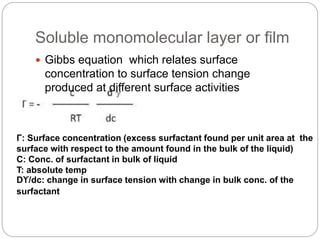 Soluble monomolecular layer or film
 Gibbs equation which relates surface
concentration to surface tension change
produced at different surface activities
Γ: Surface concentration (excess surfactant found per unit area at the
surface with respect to the amount found in the bulk of the liquid)
C: Conc. of surfactant in bulk of liquid
T: absolute temp
Dϒ/dc: change in surface tension with change in bulk conc. of the
surfactant
 