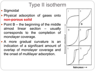 Type II isotherm
 Sigmoidal
 Physical adsorption of gases onto
non-porous solid
 Point B – the beginning of the middle
almost linear section – usually
corresponds to the completion of
monolayer coverage.
 A more gradual curvature is an
indication of a significant amount of
overlap of monolayer coverage and
the onset of multilayer adsorption.
B
 
