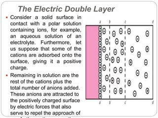The Electric Double Layer
 Consider a solid surface in
contact with a polar solution
containing ions, for example,
an aqueous solution of an
electrolyte. Furthermore, let
us suppose that some of the
cations are adsorbed onto the
surface, giving it a positive
charge.
 Remaining in solution are the
rest of the cations plus the
total number of anions added.
These anions are attracted to
the positively charged surface
by electric forces that also
serve to repel the approach of
 