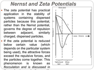 Nernst and Zeta Potentials
 The zeta potential has practical
application in the stability of
systems containing dispersed
particles because this potential,
rather than the Nernst potential,
governs the degree of repulsion
between adjacent, similarly
charged, dispersed particles.
 If the zeta potential is reduced
below certain value (which
depends on the particular system
being used), the attractive forces
exceed the repulsive forces, and
the particles come together. This
phenomenon is known as
flocculation and is discussed in
 