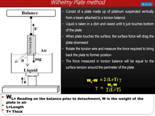  WL= Reading on the balance prior to detachment, W is the weight of the
plate in air
 L=Length
 T= Thick
WL-W
WL-W
 