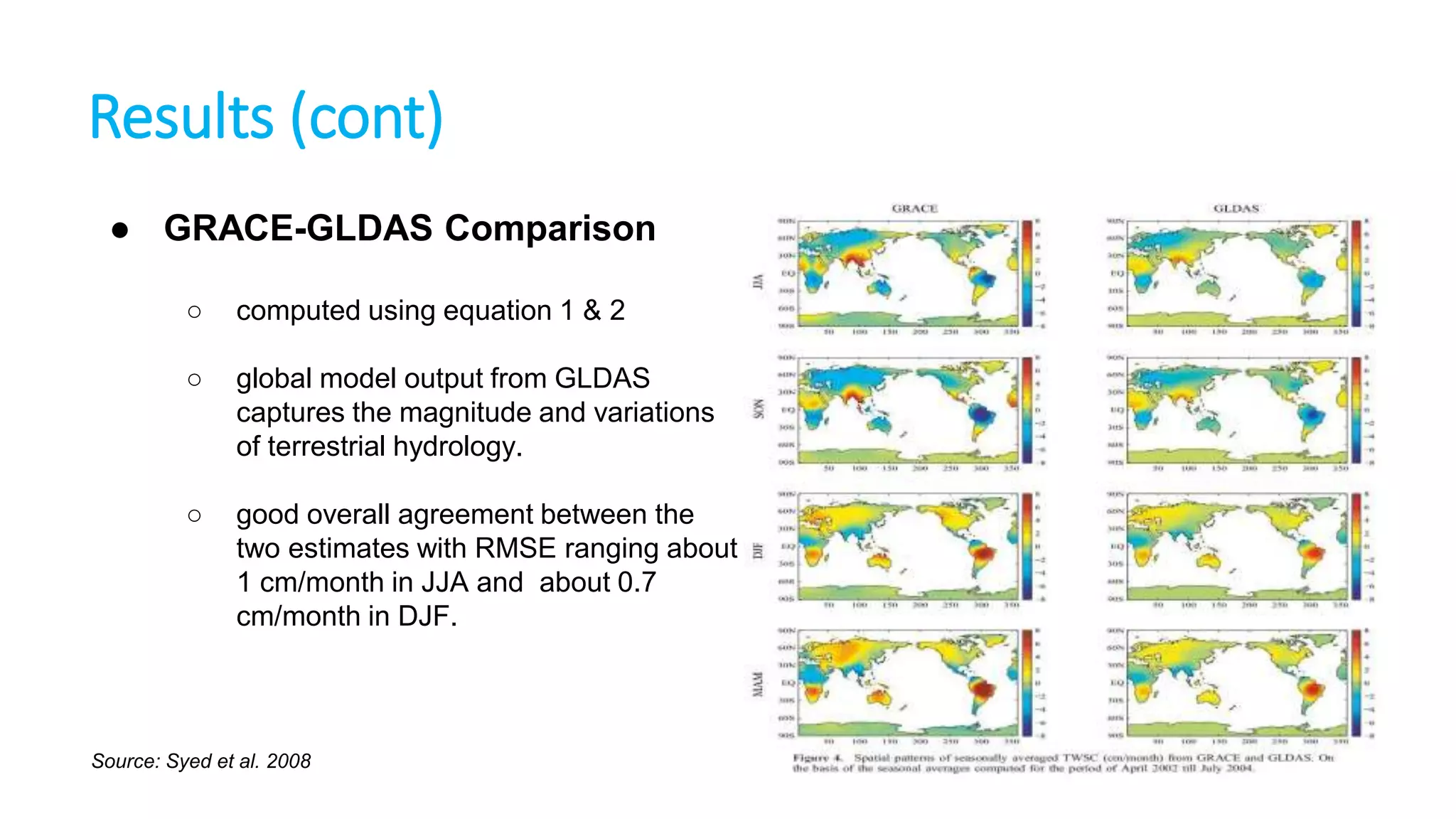 Results (cont)
● GRACE-GLDAS Comparison
○

computed using equation 1 & 2

○

global model output from GLDAS
captures the magnitude and variations
of terrestrial hydrology.

○

good overall agreement between the
two estimates with RMSE ranging about
1 cm/month in JJA and about 0.7
cm/month in DJF.

 
