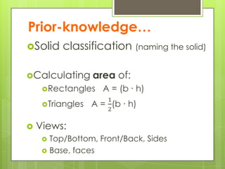 Prior-knowledge…
Solid classification (naming the solid)
 Views:
 Top/Bottom, Front/Back, Sides
 Base, faces
 