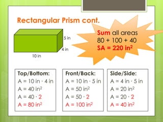 Top/Bottom:
A = 10 in ∙ 4 in
A = 40 in2
A = 40 ∙ 2
A = 80 in2
10 in
4 in
5 in
Rectangular Prism cont.
Front/Back:
A = 10 in ∙ 5 in
A = 50 in2
A = 50 ∙ 2
A = 100 in2
Side/Side:
A = 4 in ∙ 5 in
A = 20 in2
A = 20 ∙ 2
A = 40 in2
Sum all areas
80 + 100 + 40
SA = 220 in2
 