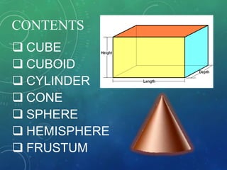 CONTENTS
CUBE
CUBOID
CYLINDER
CONE
SPHERE
HEMISPHERE
FRUSTUM