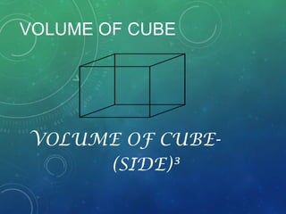 VOLUME OF CUBE
VOLUME OF CUBE(SIDE)³