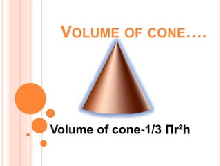VOLUME OF CONE….
Volume of cone-1/3 Пr²h
 