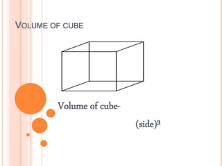 VOLUME OF CUBE
Volume of cube-
(side)³
 