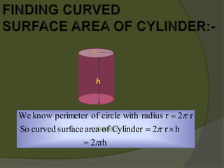 rh2
hr2CylinderofareasurfacecurvedSo
r2rradiuswithcircleofperimeterknowWe






 