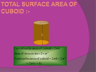 )(2
22cuboidofareasurfaceTotal
2circlestwoofArea
2cuboidofareasurfaceCurved
2
2
hrr
rrh
r
rh








 