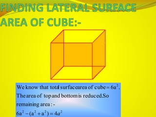 2222
2
4)aa(6a
-:arearemaining
Soreduced.isbottomandtopofareaThe
.6acubeofareasurfacelthat totaknowWe
a

 