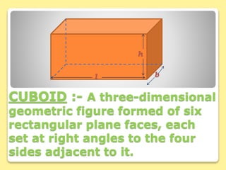 CUBOID :- A three-dimensional
geometric figure formed of six
rectangular plane faces, each
set at right angles to the four
sides adjacent to it.
 