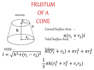 FRUSTUM
OF A
CONE
Curved Surface Area –
Total Surface Area –
Volume –HERE –
FRUSTUM
 