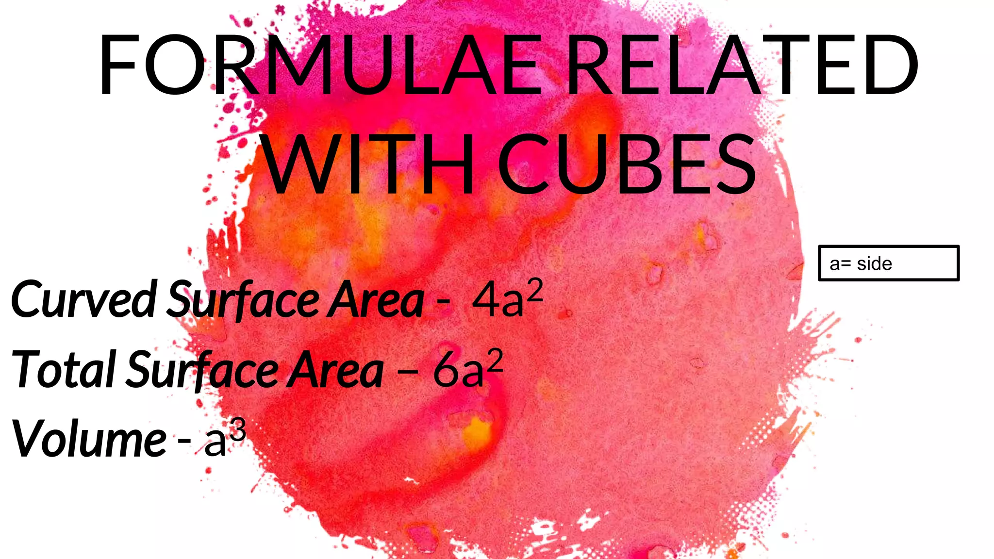 FORMULAE RELATED
WITH CUBES
Curved Surface Area - 4a2
Total Surface Area – 6a2
Volume - a3
a= side
 