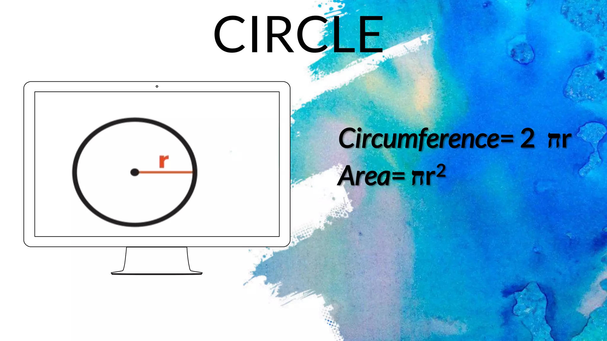 Circumference= 2 ‫ח‬r
Area= ‫ח‬r2
CIRCLE
 