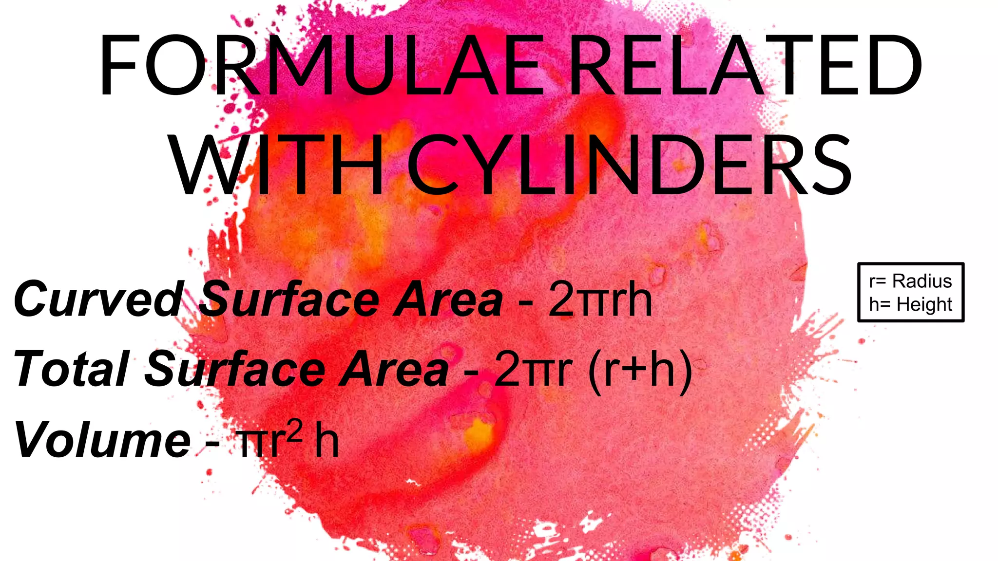 FORMULAE RELATED
WITH CYLINDERS
Curved Surface Area - 2πrh
Total Surface Area - 2πr (r+h)
Volume - πr2 h
r= Radius
h= Height
 