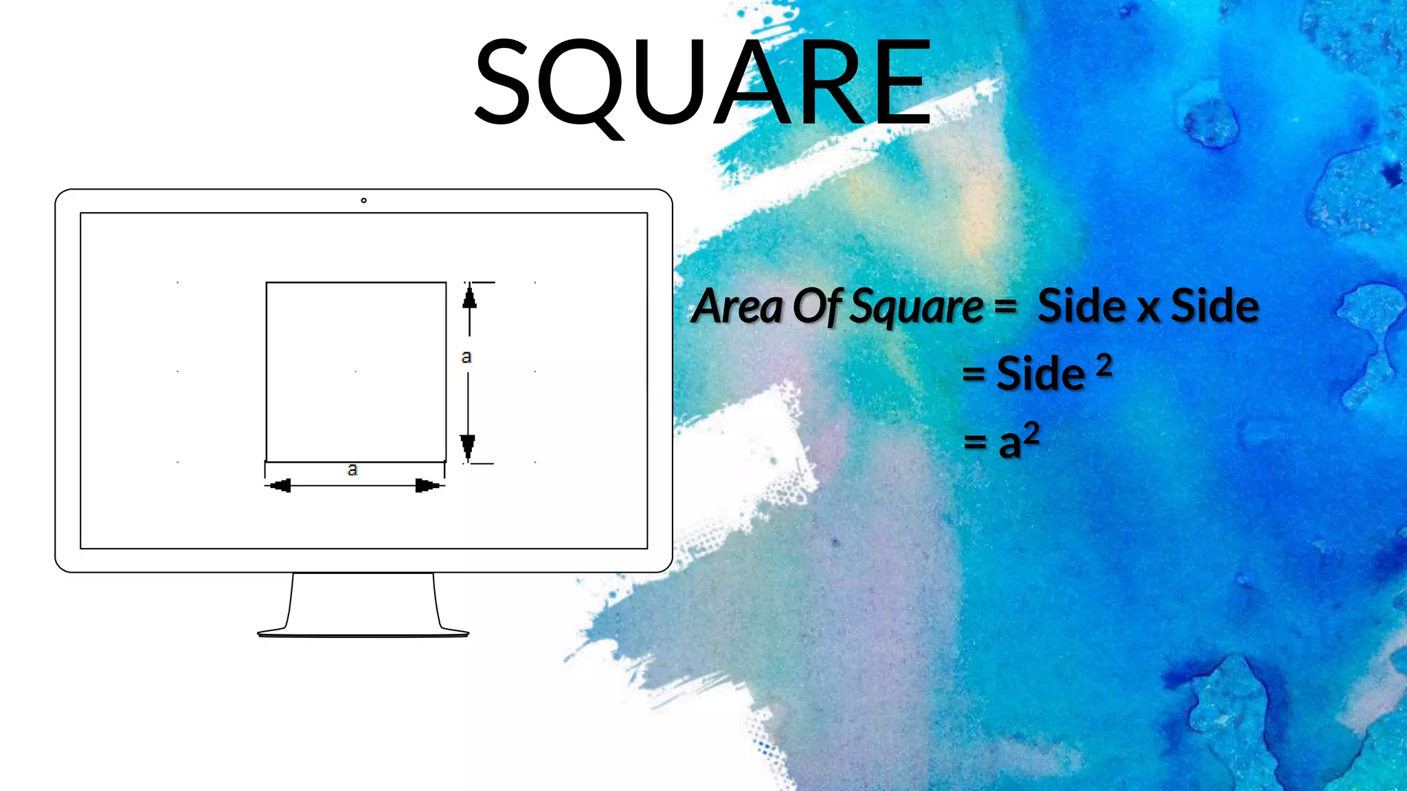 Area Of Square = Side x Side
= Side 2
= a2
SQUARE
 