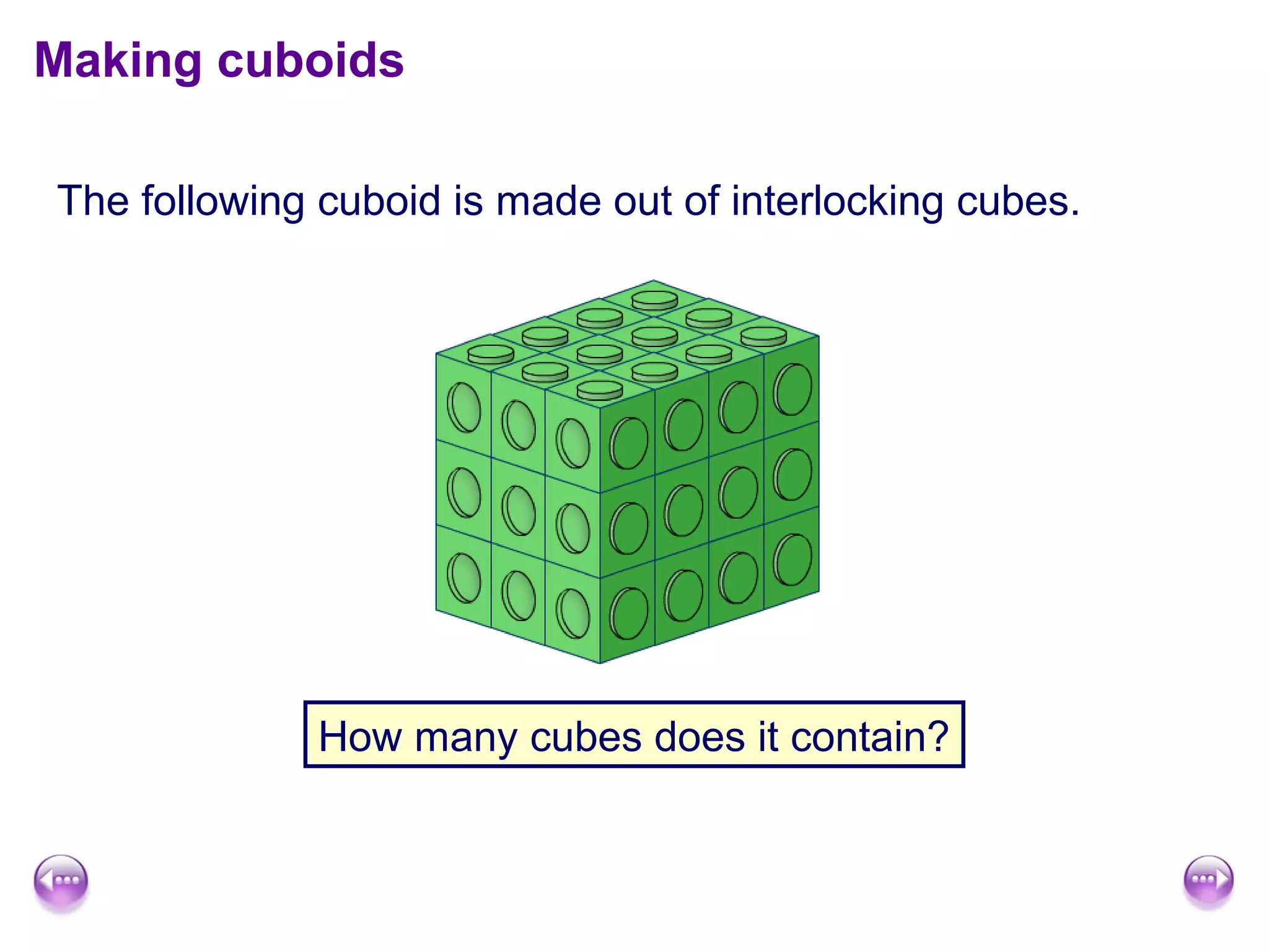 The following cuboid is made out of interlocking cubes.
Making cuboids
How many cubes does it contain?
 