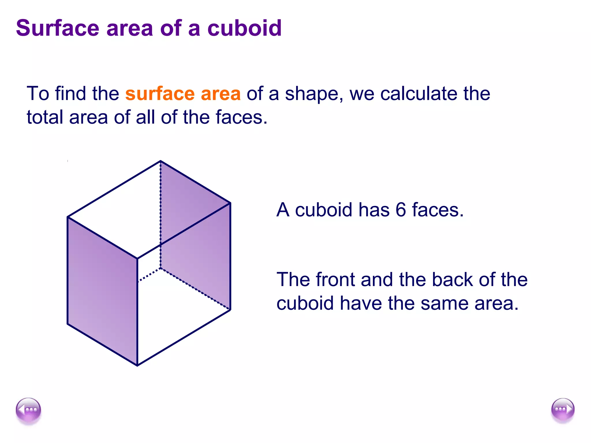 To find the surface area of a shape, we calculate the
total area of all of the faces.
A cuboid has 6 faces.
The front and the back of the
cuboid have the same area.
Surface area of a cuboid
 