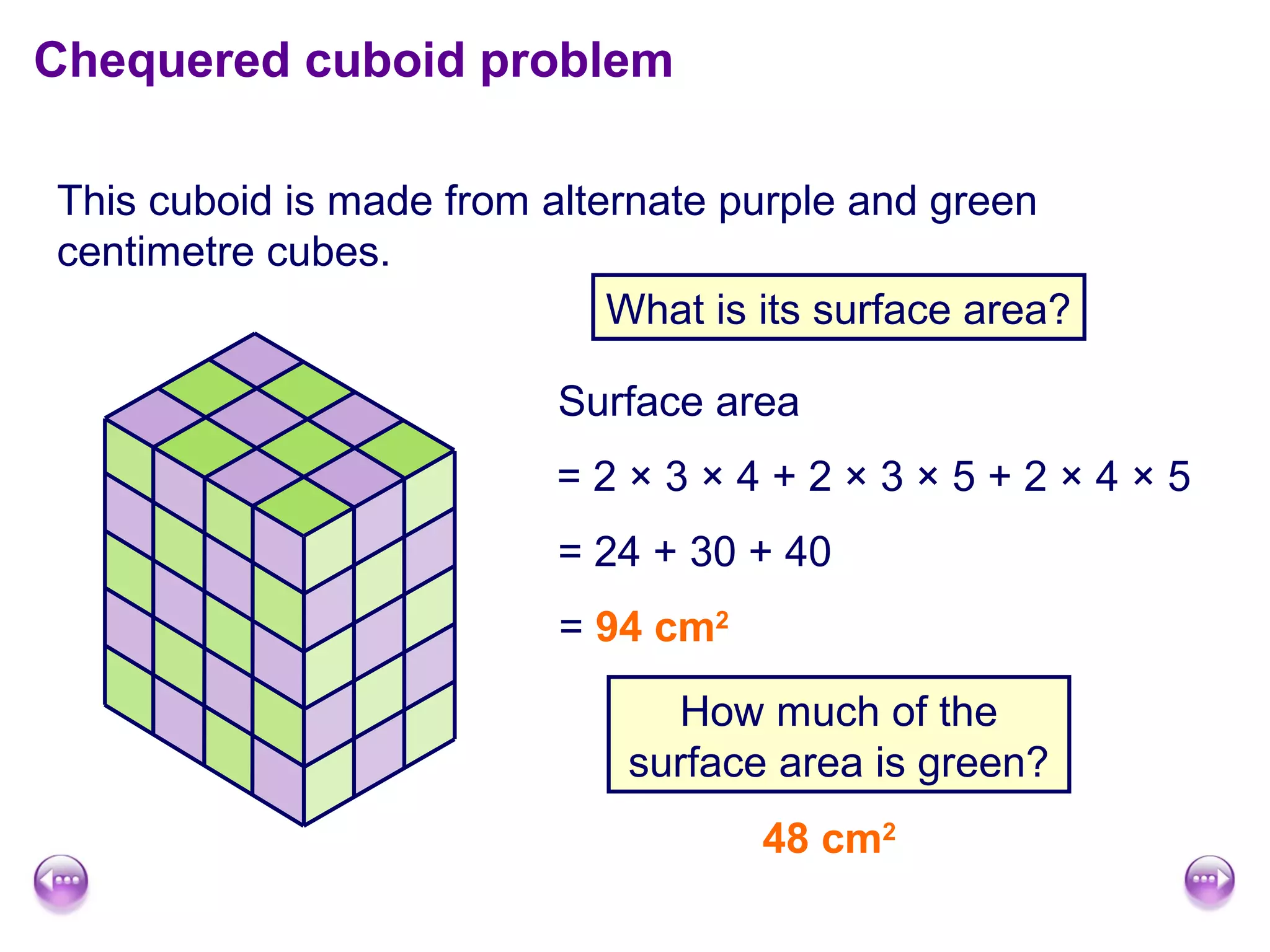 This cuboid is made from alternate purple and green
centimetre cubes.
Chequered cuboid problem
What is its surface area?
Surface area
= 2 × 3 × 4 + 2 × 3 × 5 + 2 × 4 × 5
= 24 + 30 + 40
= 94 cm2
How much of the
surface area is green?
48 cm2
 