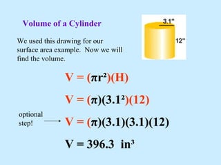 V = (πr²)(H)
V = (π)(3.1²)(12)
V = (π)(3.1)(3.1)(12)
V = 396.3 in³
Volume of a Cylinder
We used this drawing for our
surface area example. Now we will
find the volume.
optional
step!
 