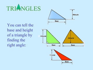 You can tell the
base and height
of a triangle by
finding the
right angle:
TRIANGLES
 