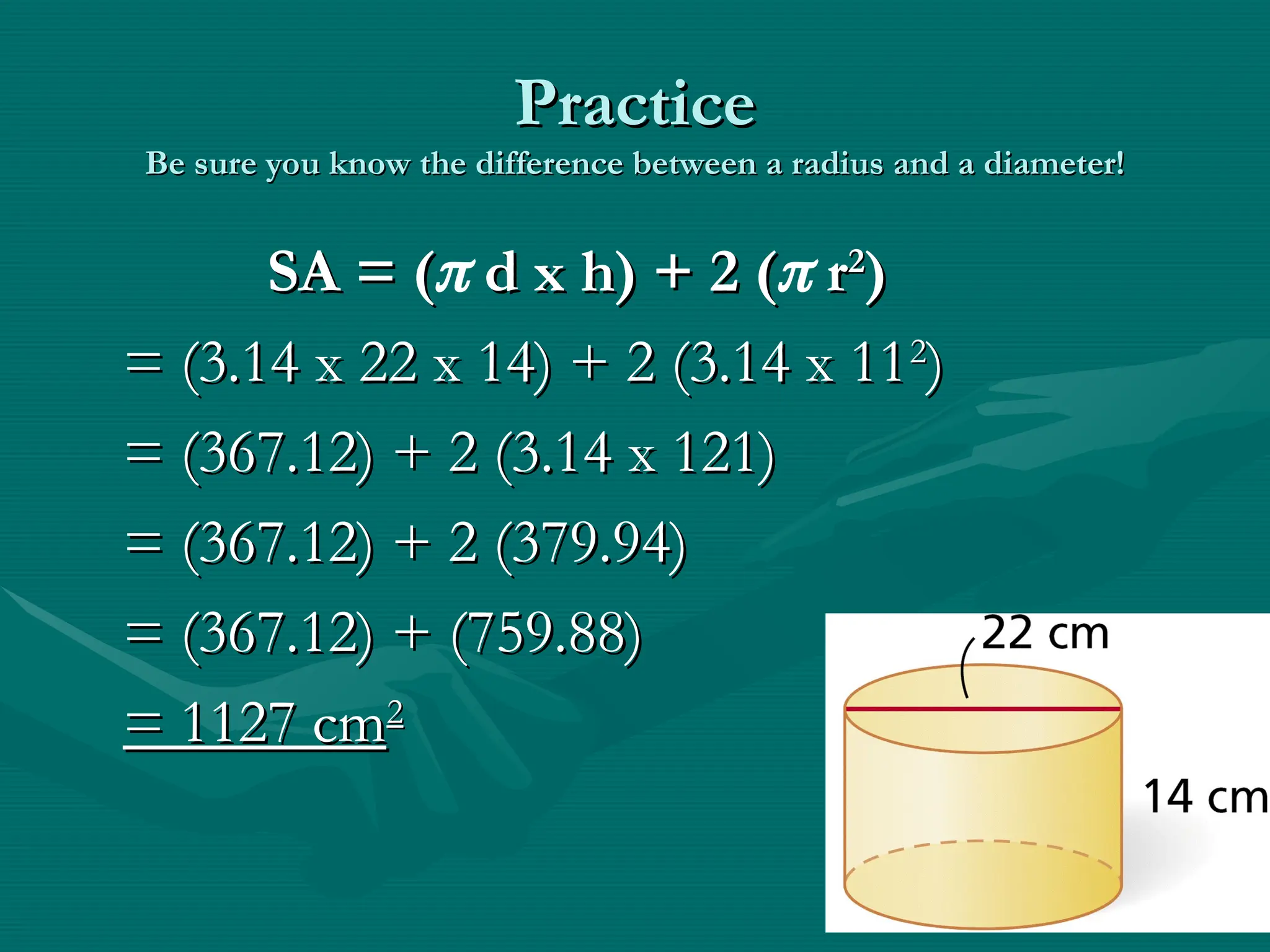 Practice
Practice
Be sure you know the difference between a radius and a diameter!
Be sure you know the difference between a radius and a diameter!
SA = (
SA = ( d x h) + 2 (
d x h) + 2 ( r
r2
2
)
)
= (3.14 x 22 x 14) + 2 (3.14 x 11
= (3.14 x 22 x 14) + 2 (3.14 x 112
2
)
)
= (367.12) + 2 (3.14 x 121)
= (367.12) + 2 (3.14 x 121)
= (367.12) + 2 (379.94)
= (367.12) + 2 (379.94)
= (367.12) + (759.88)
= (367.12) + (759.88)
= 1127 cm
= 1127 cm2
2
 