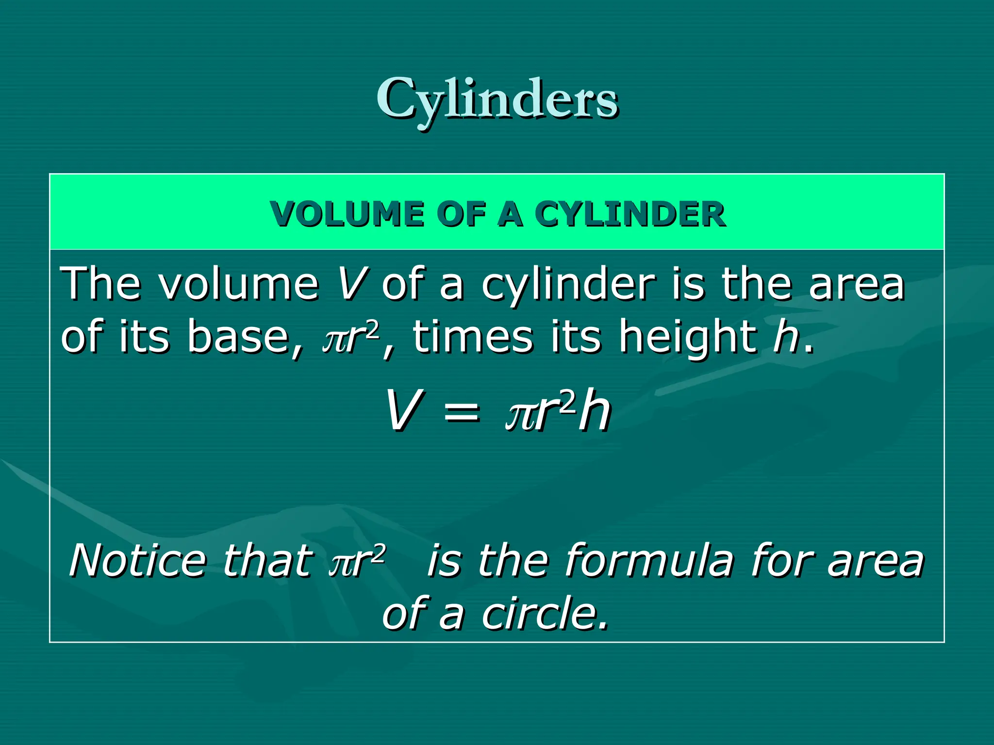 Cylinders
Cylinders
VOLUME OF A CYLINDER
VOLUME OF A CYLINDER
The volume
The volume V
V of a cylinder is the area
of a cylinder is the area
of its base,
of its base, 
r
r2
2
, times its height
, times its height h
h.
.
V
V =
= 
r
r2
2
h
h
Notice that
Notice that 
r
r2
2
is the formula for area
is the formula for area
of a circle.
of a circle.
 