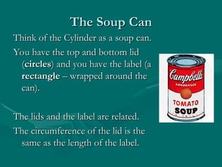 The Soup Can
The Soup Can
Think of the Cylinder as a soup can.
Think of the Cylinder as a soup can.
You have the top and bottom lid
You have the top and bottom lid
(
(circles
circles) and you have the label (a
) and you have the label (a
rectangle
rectangle – wrapped around the
– wrapped around the
can).
can).
The lids and the label are related.
The lids and the label are related.
The circumference of the lid is the
The circumference of the lid is the
same as the length of the label.
same as the length of the label.
 