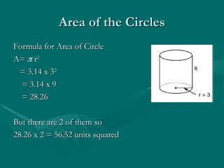 Area of the Circles
Area of the Circles
Formula for Area of Circle
Formula for Area of Circle
A=
A=  r
r2
2
= 3.14 x 3
= 3.14 x 32
2
= 3.14 x 9
= 3.14 x 9
= 28.26
= 28.26
But there are 2 of them so
But there are 2 of them so
28.26 x 2 = 56.52 units squared
28.26 x 2 = 56.52 units squared
 