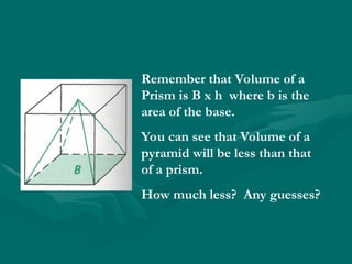 Remember that Volume of a
Prism is B x h where b is the
area of the base.
You can see that Volume of a
pyramid will be less than that
of a prism.
How much less? Any guesses?
 
