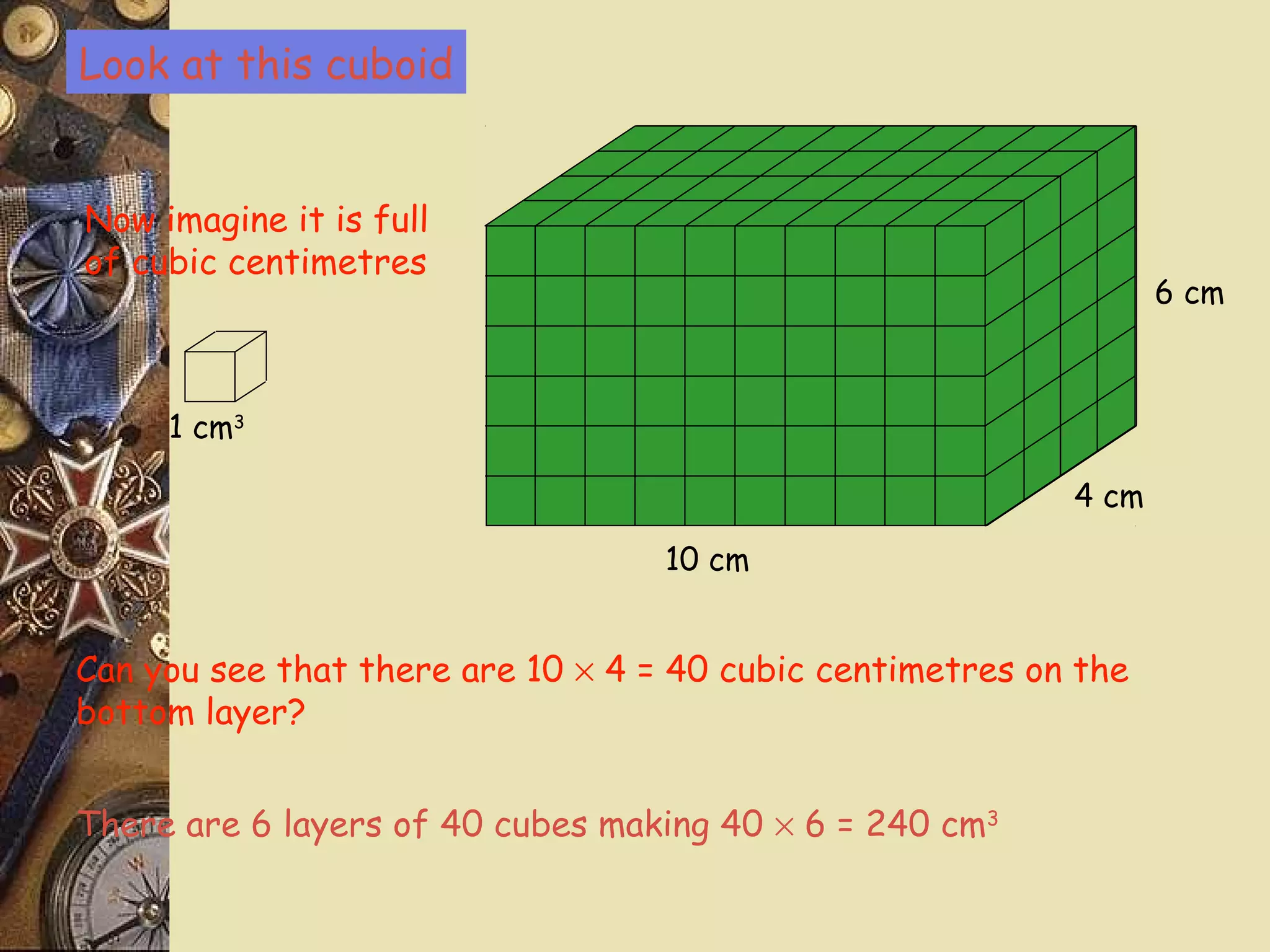 Look at this cuboid


Now imagine it is full
of cubic centimetres
                                                                  6 cm



     1 cm3

                                                           4 cm

                                   10 cm


Can you see that there are 10 × 4 = 40 cubic centimetres on the
bottom layer?


There are 6 layers of 40 cubes making 40 × 6 = 240 cm3
 