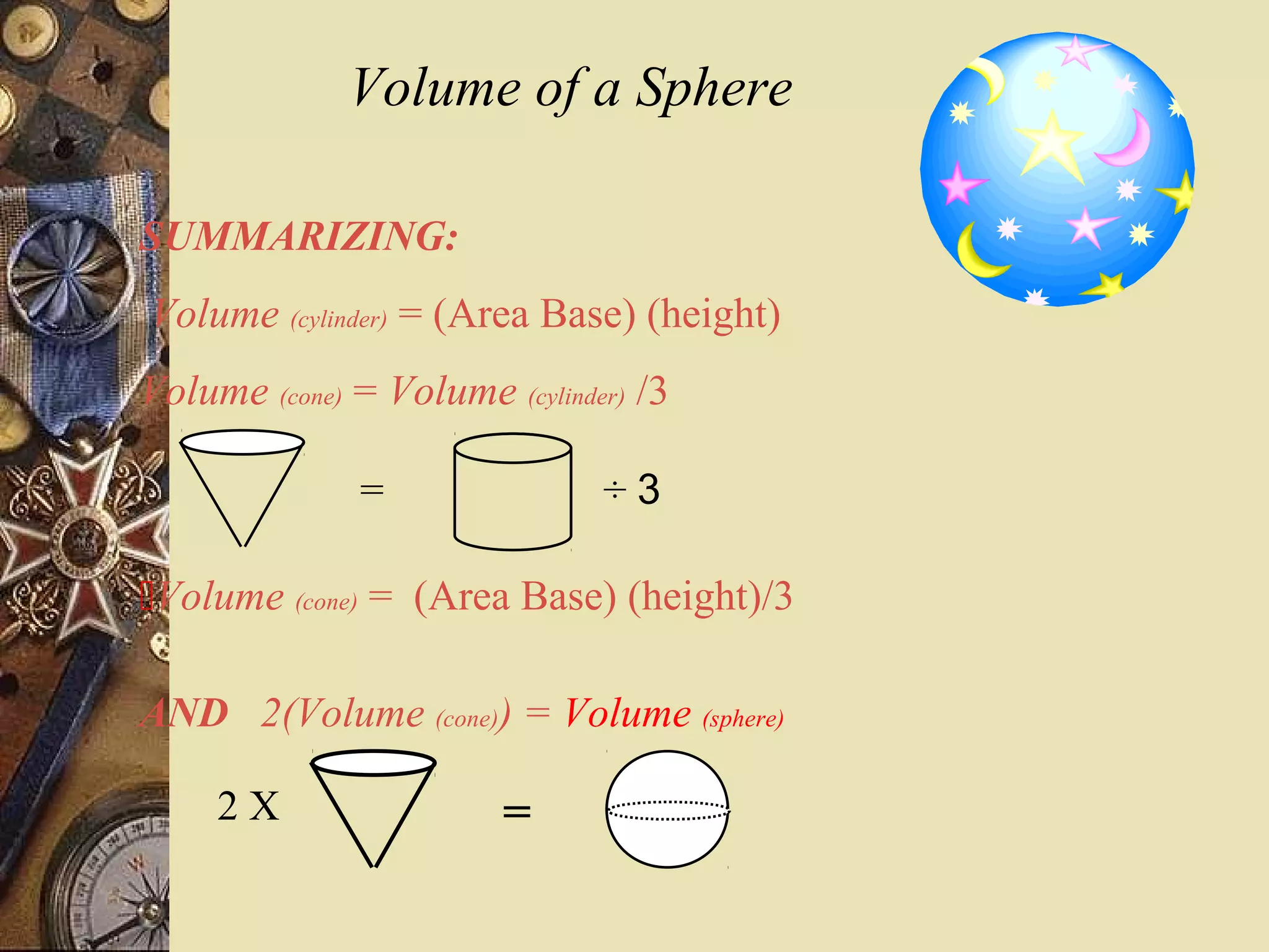Volume of a Sphere

SUMMARIZING:
Volume (cylinder) = (Area Base) (height)
Volume (cone) = Volume (cylinder) /3

              =                ÷3

Volume (cone) = (Area Base) (height)/3

AND 2(Volume (cone)) = Volume (sphere)

     2X                 =
 