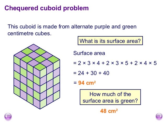 This cuboid is made from alternate purple and green
centimetre cubes.
Chequered cuboid problem
What is its surface area?
S...