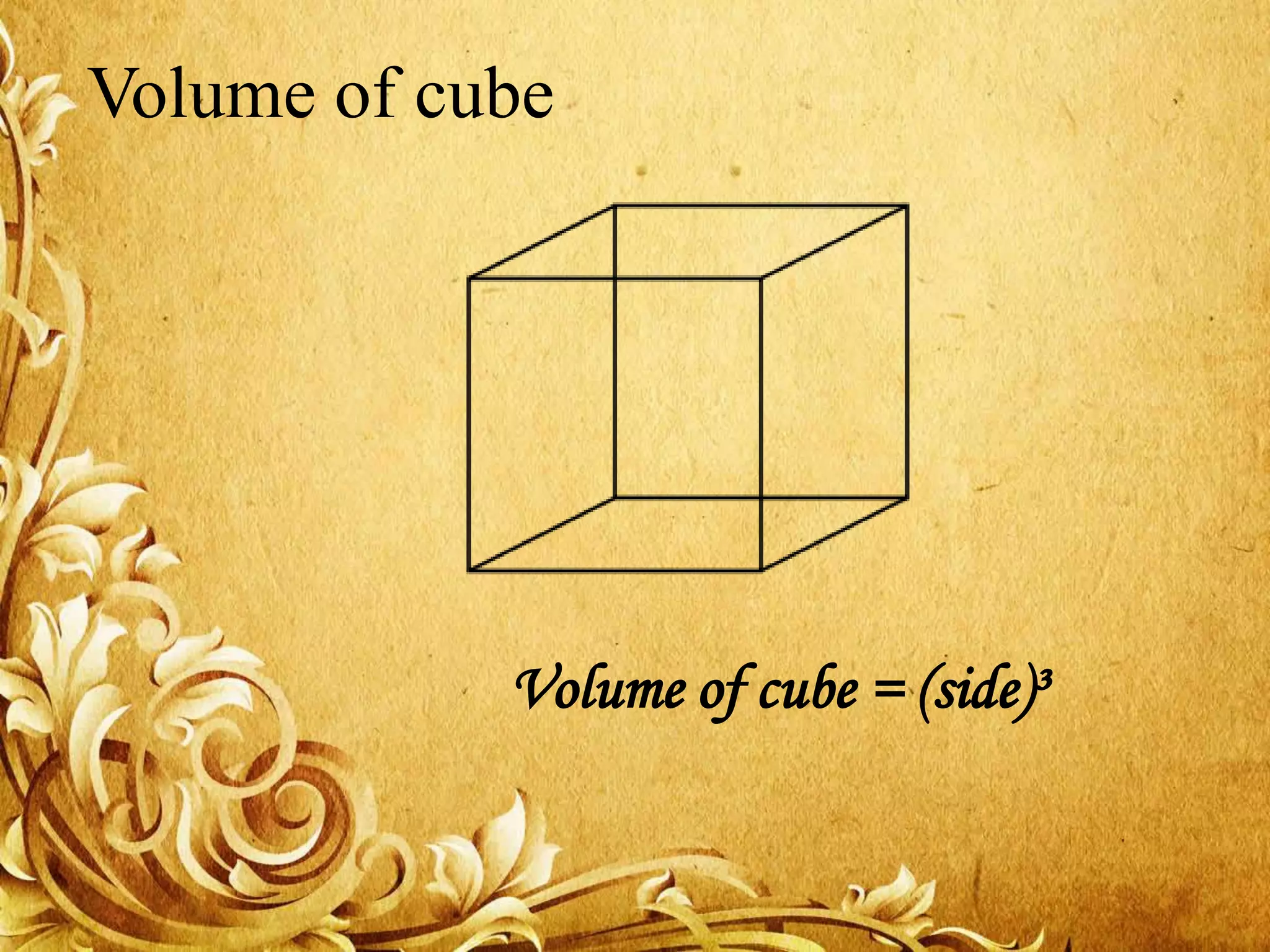 Volume of cube
Volume of cube = (side)³
 