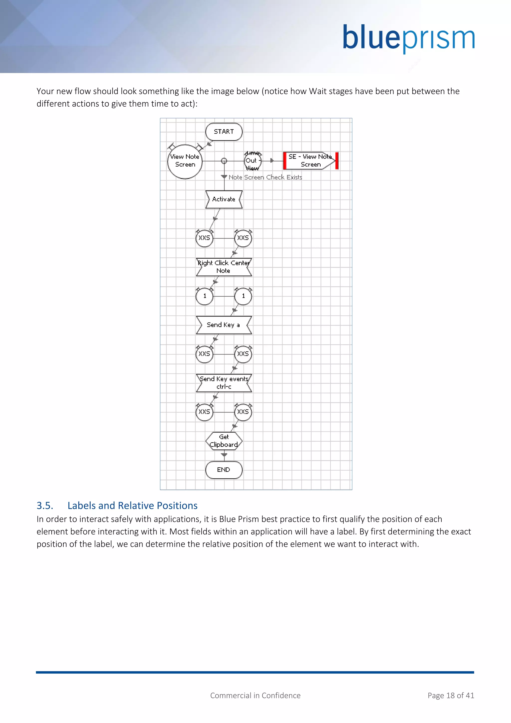 Commercial in Confidence Page 18 of 41
Your new flow should look something like the image below (notice how Wait stages have been put between the
different actions to give them time to act):
3.5. Labels and Relative Positions
In order to interact safely with applications, it is Blue Prism best practice to first qualify the position of each
element before interacting with it. Most fields within an application will have a label. By first determining the exact
position of the label, we can determine the relative position of the element we want to interact with.
 