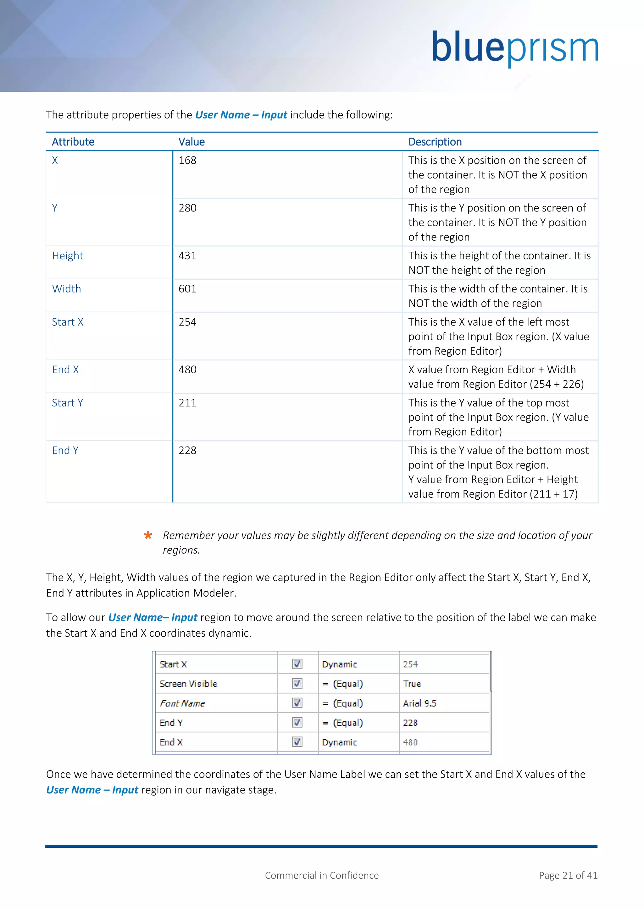 Commercial in Confidence Page 21 of 41
The attribute properties of the User Name – Input include the following:
Attribute Value Description
X 168 This is the X position on the screen of
the container. It is NOT the X position
of the region
Y 280 This is the Y position on the screen of
the container. It is NOT the Y position
of the region
Height 431 This is the height of the container. It is
NOT the height of the region
Width 601 This is the width of the container. It is
NOT the width of the region
Start X 254 This is the X value of the left most
point of the Input Box region. (X value
from Region Editor)
End X 480 X value from Region Editor + Width
value from Region Editor (254 + 226)
Start Y 211 This is the Y value of the top most
point of the Input Box region. (Y value
from Region Editor)
End Y 228 This is the Y value of the bottom most
point of the Input Box region.
Y value from Region Editor + Height
value from Region Editor (211 + 17)
 Remember your values may be slightly different depending on the size and location of your
regions.
The X, Y, Height, Width values of the region we captured in the Region Editor only affect the Start X, Start Y, End X,
End Y attributes in Application Modeler.
To allow our User Name– Input region to move around the screen relative to the position of the label we can make
the Start X and End X coordinates dynamic.
Once we have determined the coordinates of the User Name Label we can set the Start X and End X values of the
User Name – Input region in our navigate stage.
 
