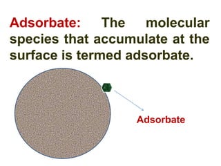 Adsorbate:     The   molecular
species that accumulate at the
surface is termed adsorbate.



                   Adsorbate
 