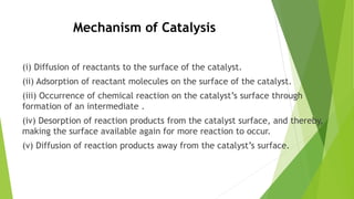 Mechanism of Catalysis
(i) Diffusion of reactants to the surface of the catalyst.
(ii) Adsorption of reactant molecules on the surface of the catalyst.
(iii) Occurrence of chemical reaction on the catalyst’s surface through
formation of an intermediate .
(iv) Desorption of reaction products from the catalyst surface, and thereby,
making the surface available again for more reaction to occur.
(v) Diffusion of reaction products away from the catalyst’s surface.
 