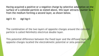 Having acquired a positive or a negative charge by selective adsorption on the
surface of a colloidal particle as stated above, this layer attracts counter ions
from the medium forming a second layer, as shown below.
AgI/I- K+ AgI/Ag+I-
The combination of the two layers of opposite charges around the colloidal
particle is called Helmholtz electrical double layer.
This potential difference between the fixed layer and the diffused layer of
opposite charges iscalled the electrokinetic potential or zeta potential.
 