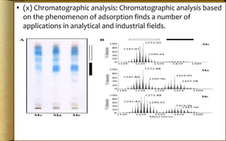  (x) Chromatographic analysis: Chromatographic analysis based
on the phenomenon of adsorption finds a number of
applications in analytical and industrial fields.
 