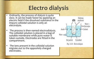 Electro dialysis
 Ordinarily, the process of dialysis is quite
slow. It can be made faster by applying an
electric field if the dissolved substance in the
impure colloidal solution is only an
electrolyte.
 The process is then named electrodialysis.
The colloidal solution is placed in a bag of
suitable membrane while pure water is
taken outside. Electrodes are fitted in the
compartment.
 The ions present in the colloidal solution
migrate out to the oppositely charged
electrodes.
 