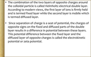  The combination of the two layers of opposite charges around
the colloidal particle is called Helmholtz electrical double layer.
According to modern views, the first layer of ions is firmly held
and is termed fixed layer while the second layer is mobile which
is termed diffused layer.
 Since separation of charge is a seat of potential, the charges of
opposite signs on the fixed and diffused parts of the double
layer results in a difference in potential between these layers.
This potential difference between the fixed layer and the
diffused layer of opposite charges is called the electrokinetic
potential or zeta potential.
 